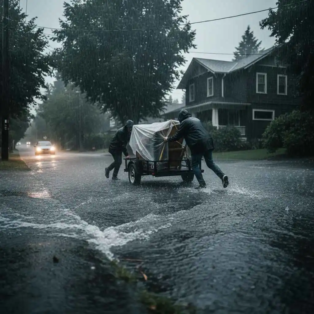 rainy Portland street showing heavy water accumulation to illustrate unsafe moving conditions.