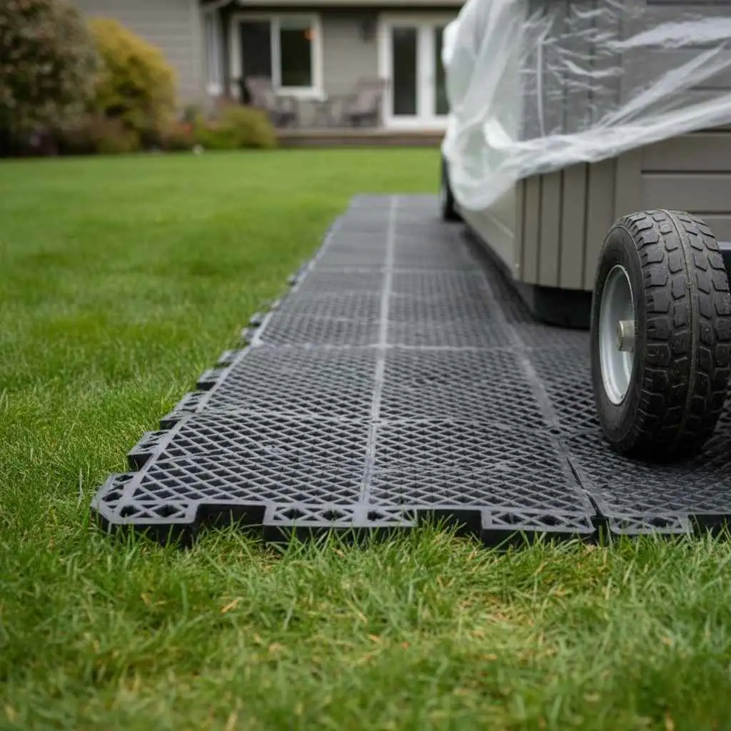  Close-up of mats protecting grass under heavy equipment