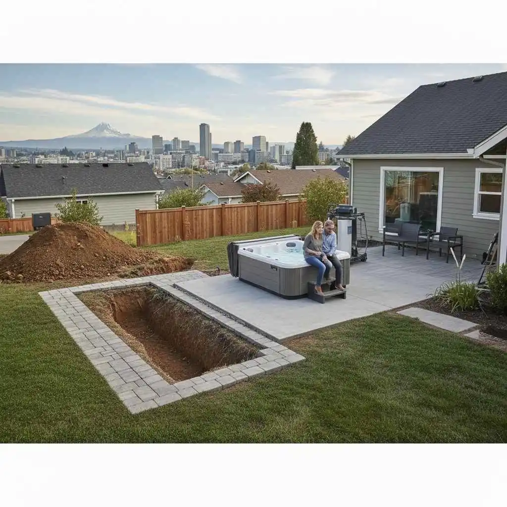 Professional spa installation team at work