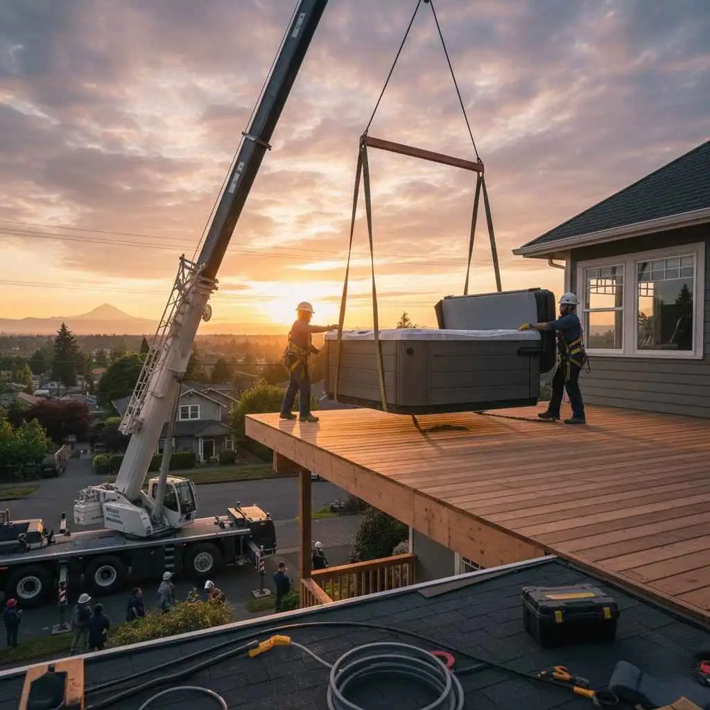 professional team lifting a hot tub onto a second-story deck in Portland