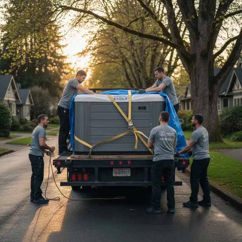 Professional crew securing a spa onto a flatbed truck