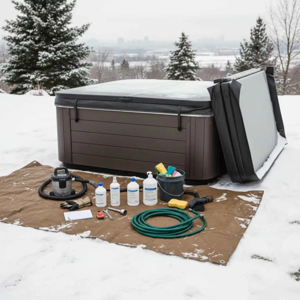 Winterization tools laid out next to a spa