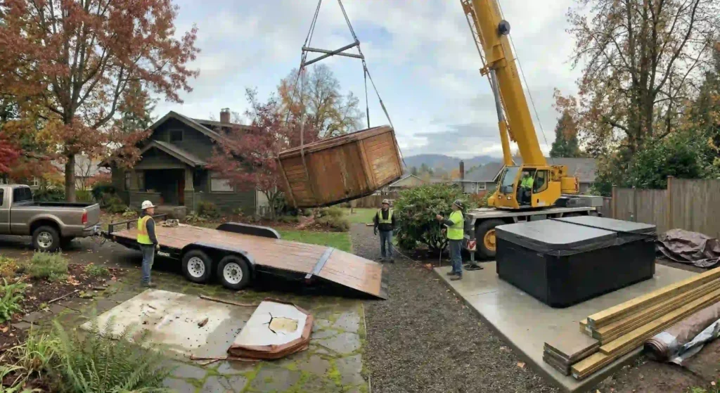 hot tub being lifted by crane