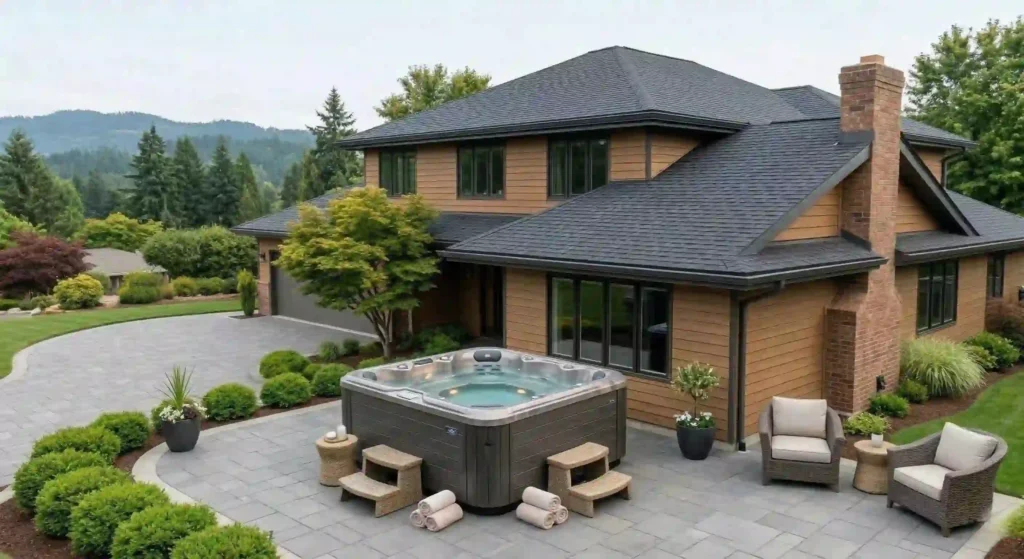  clean outdoor patio with a properly placed hot tub