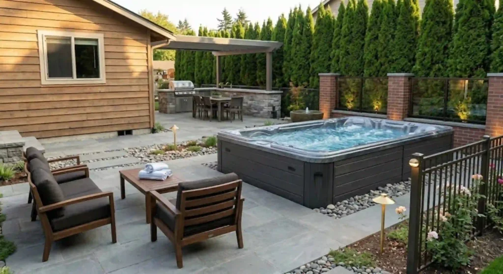 installed swim spa in a clean backyard