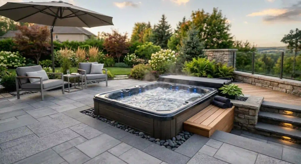perfectly placed hot tub on a new patio setting.