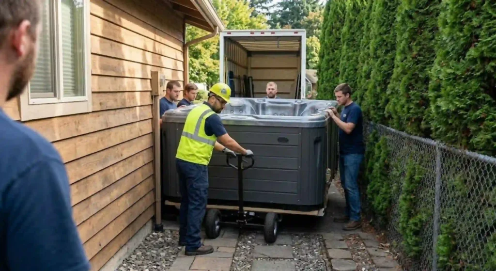 spa moving through narrow backyard access