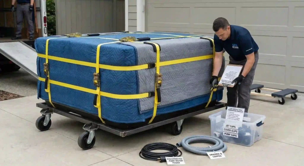 spa wrapped in protective padding during transport.