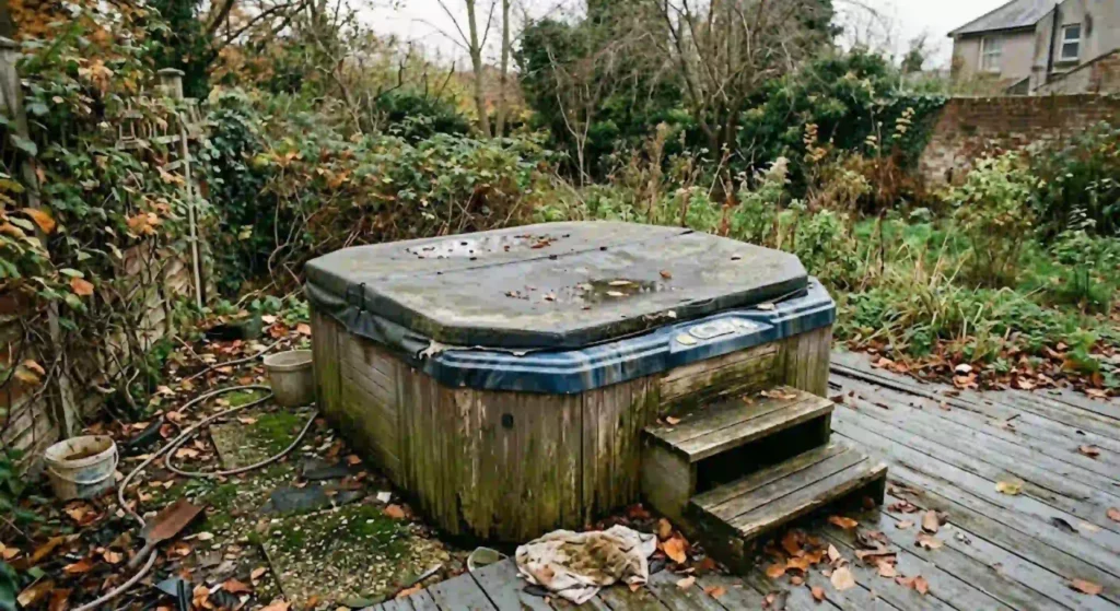 old, unused hot tub in backyard