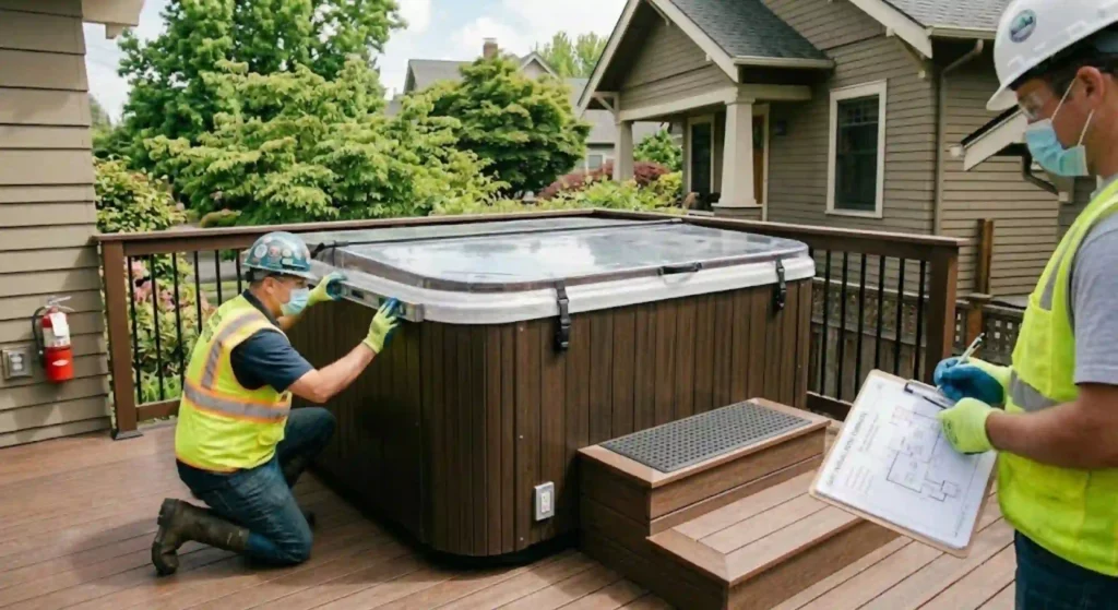 spa safely installed on deck