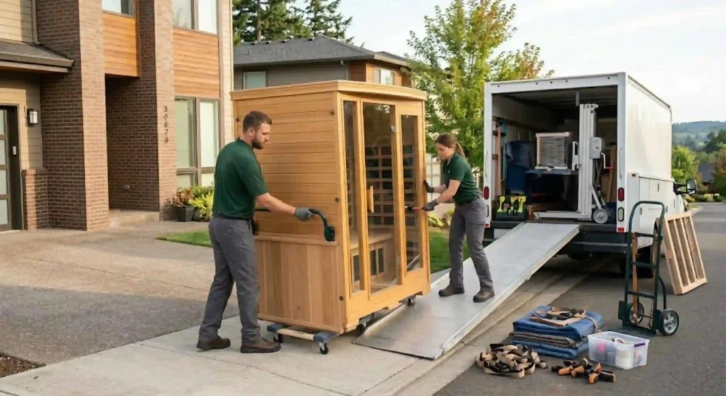 team moving sauna with equipment