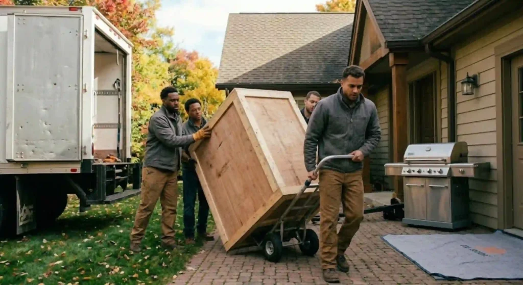 team using equipment to transport heavy item