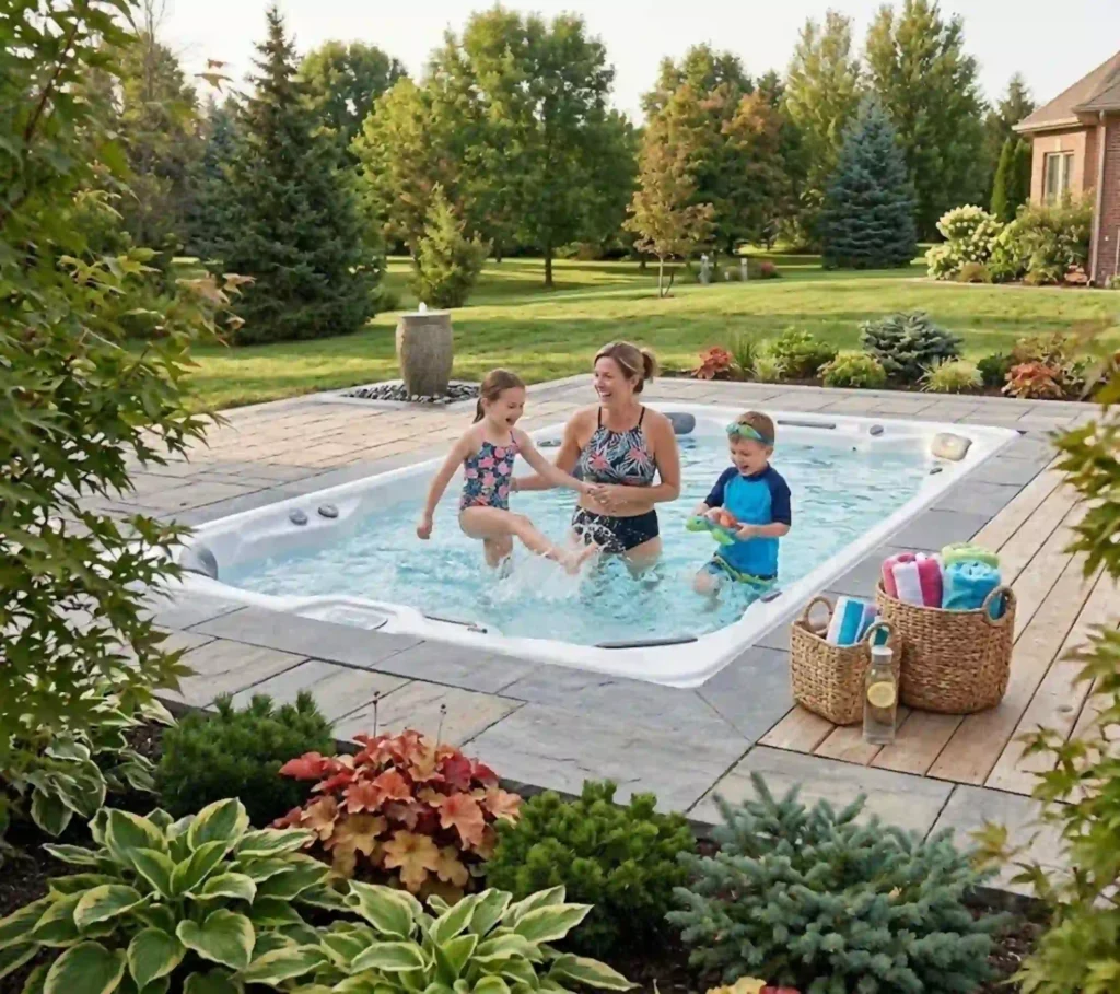 Finished swim spa setup in a landscaped Sherwood backyard