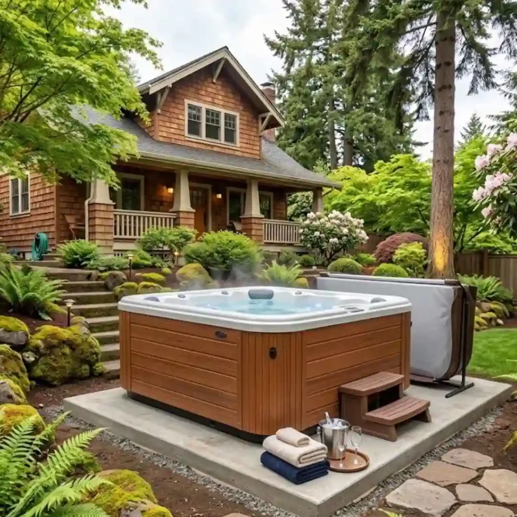 Fully installed and aligned residential hot tub in Portland home