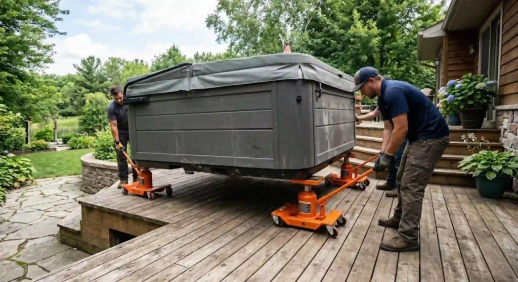 Hot tub relocation team safely lifting spa from Sherwood backyard deck
