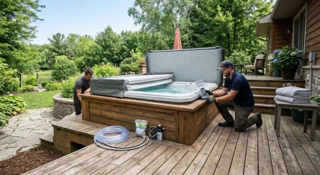 New spa installation setup in backyard patio