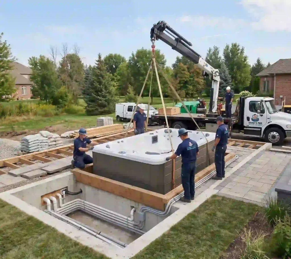 Swim spa being delivered to a Sherwood home backyard
