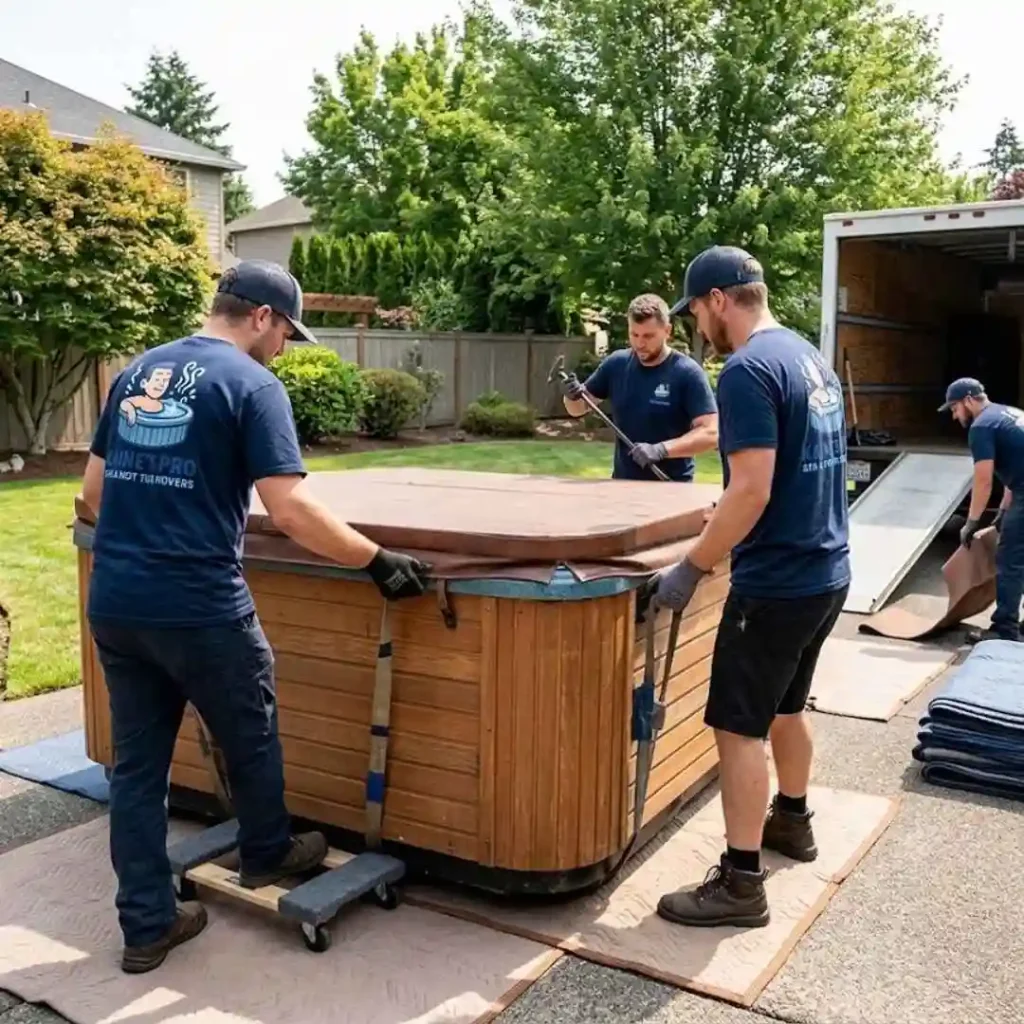 Hot tub removal team safely extracting spa in Sherwood