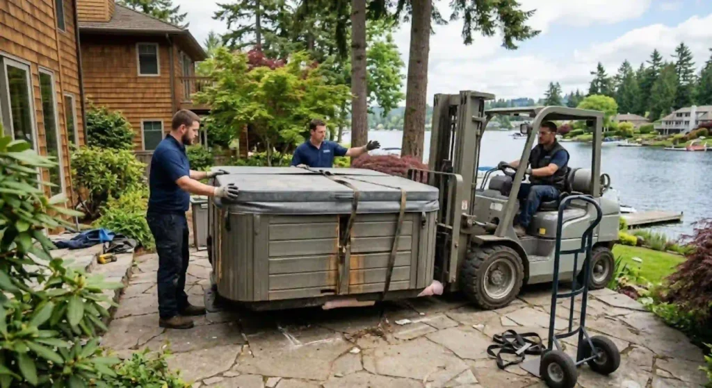 Hot tub specialists safely removing spa from backyard