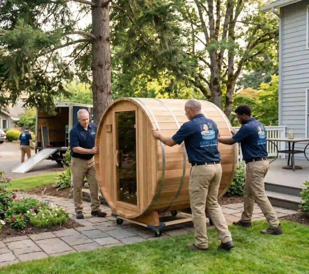 Professional team transporting portable sauna in Sherwood backyard