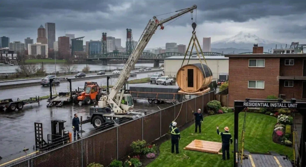 Crane-assisted emergency spa relocation in Portland