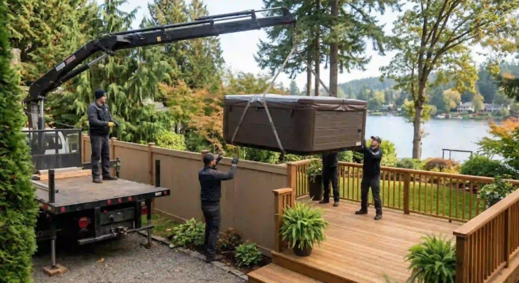 Crane-assisted hot tub backyard delivery in Lake Oswego