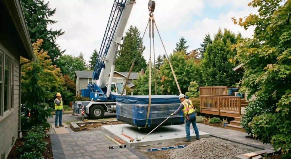 Precision spa placement using crane services in Portland