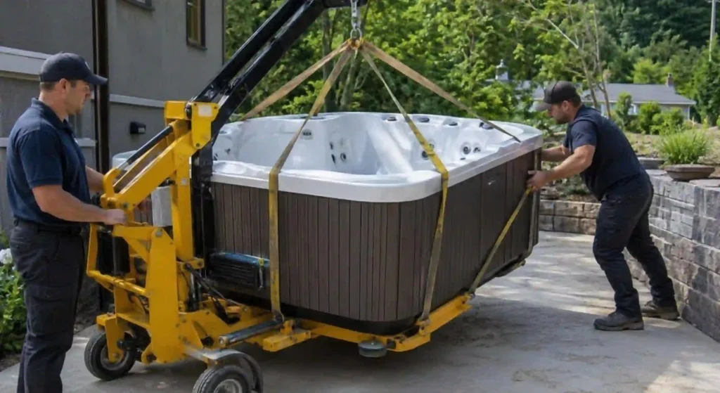 Professional spa moving equipment during installation