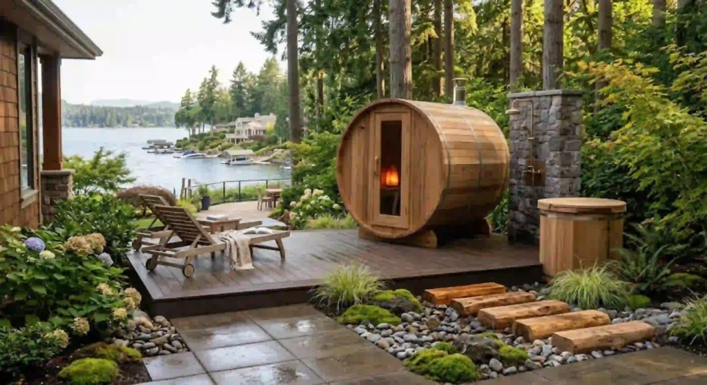 Relocated portable sauna at a Lake Oswego home