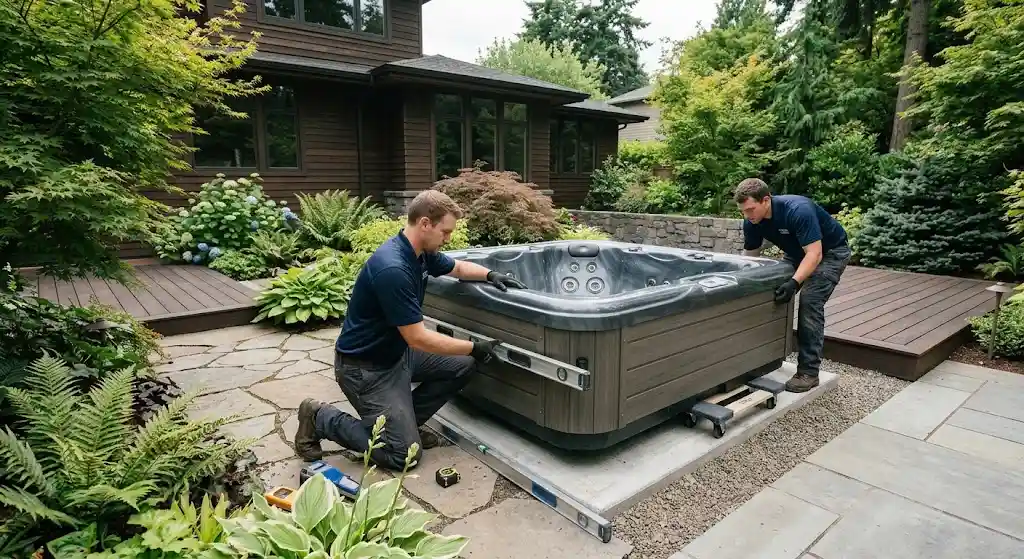 Jacuzzi being professionally positioned on a Portland backyard patio