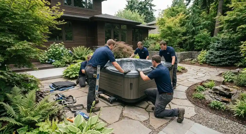 Portland spa movers relocating an existing jacuzzi across a residential property