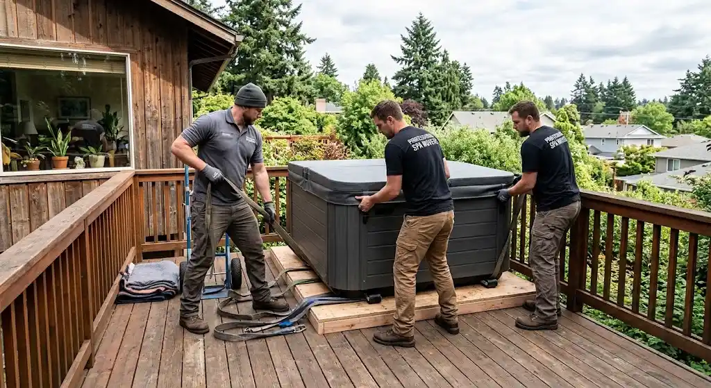 Professional hot tub movers positioning a small spa on an elevated Portland deck
