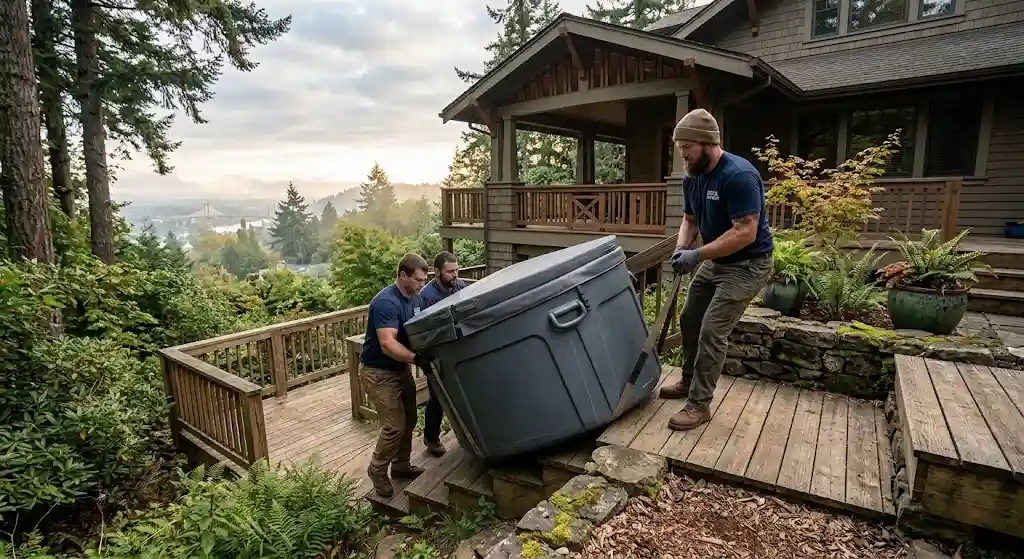 Small hot tub being professionally moved toward an elevated deck at a Portland home