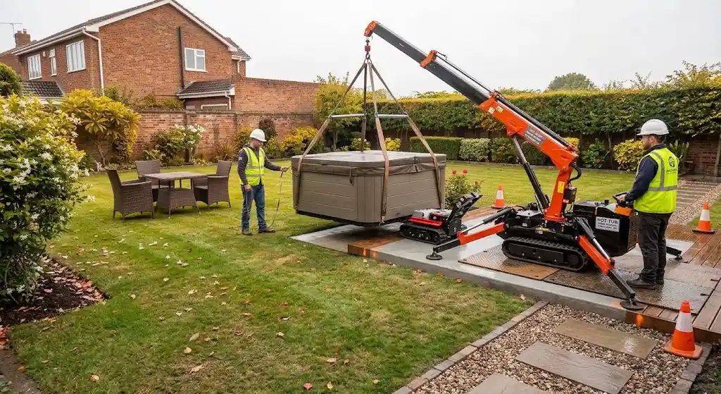 Specialized equipment positioning a hot tub in a Portland backyard
