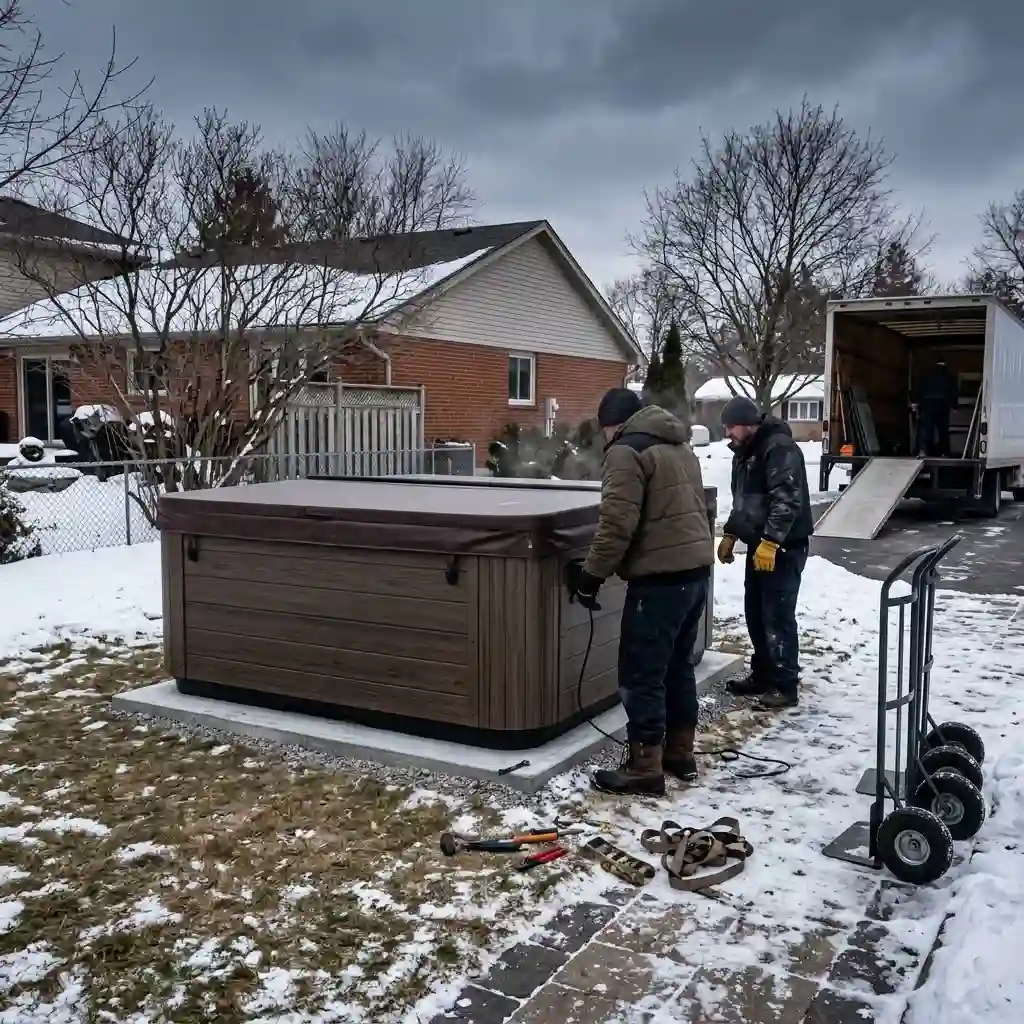 Hot tub positioned on a prepared outdoor base after professional spa relocation.