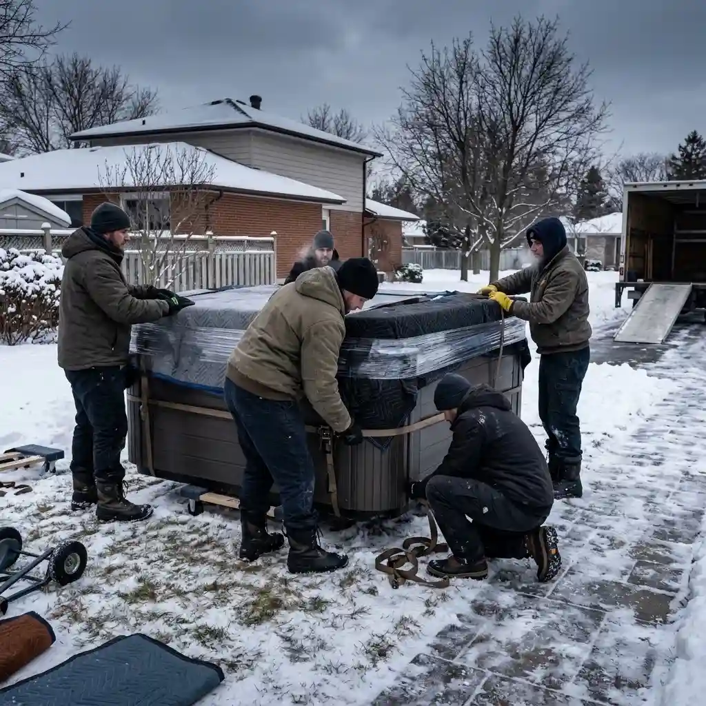 Professional hot tub movers preparing a spa for safe winter relocation in freezing weather.